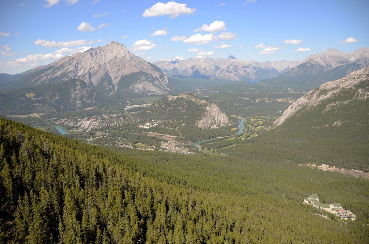 05 Banff Below Cascade Mountain, Bow River, Tunnel Mountain, Mount Astley, Mount Aylmer, Mount Inglismaldie, Mount Girouard Going Up Banff Gondola in Summer